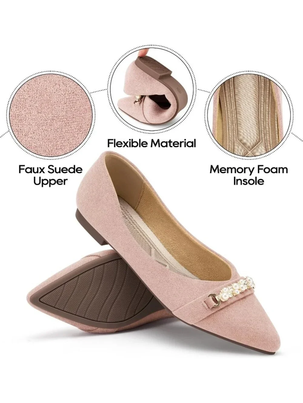 Women's Pink Rubber Rhinestone Pointed Toe Flats Comfortable Slip On Shoes
